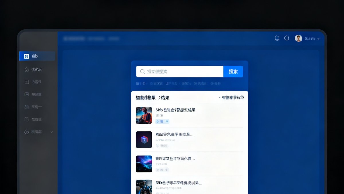 Bb艾弗森平台界面更新公告，展示全新设计的深色主题UI界面和优化后的智能搜索功能截图