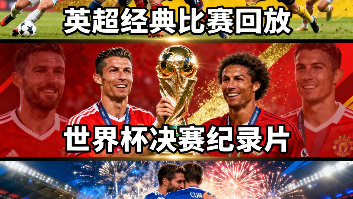 足球赛事纪录片封面集合，展示英超联赛经典比赛回放、世界杯决赛纪录片以及欧冠传奇之夜的封面海报，色彩浓烈充满激情