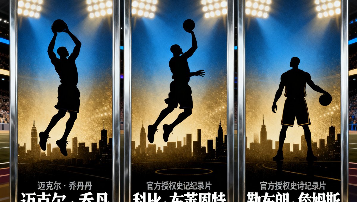 篮球明星传记片封面展示，包含迈克尔·乔丹、科比·布莱恩特、勒布朗·詹姆斯等NBA巨星官方授权传记纪录片封面合集，设计风格大气磅礴